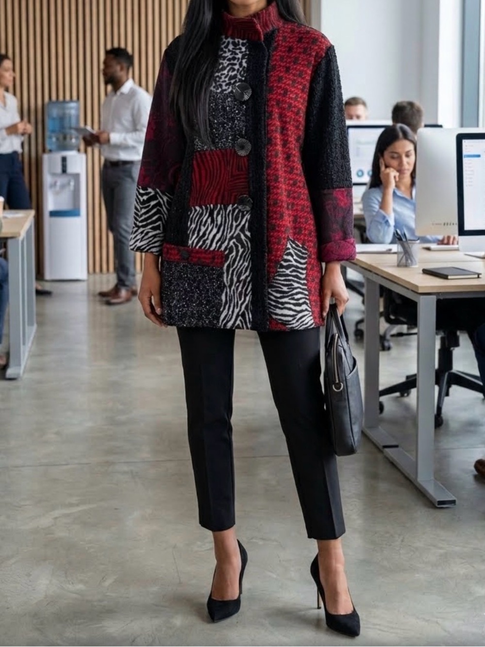 Ali Miles Black Red Textured Patchwork Houndstooth Animal Print Large Jacket